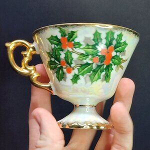 Vintage Ucagco Lusterware Tea Cup December Holly Footed Gold Trim 1940's JAPAN